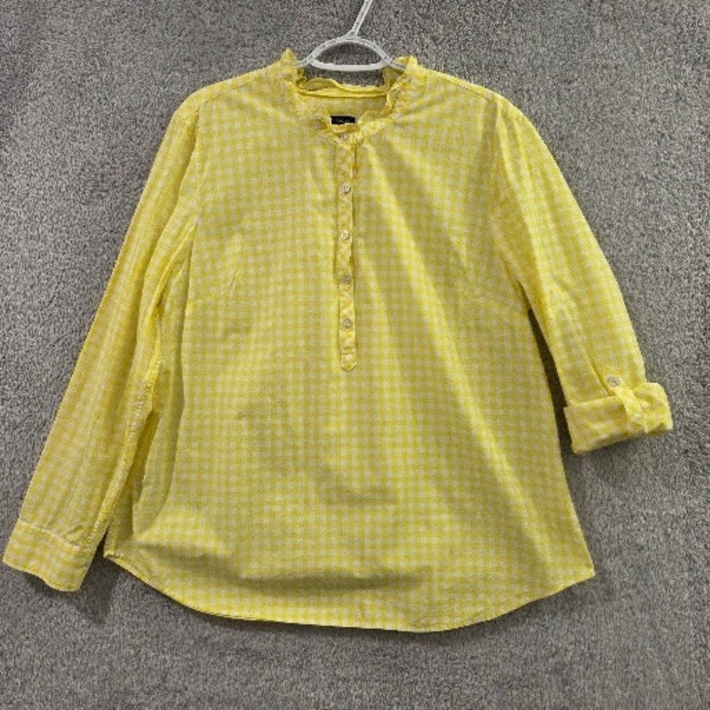 Talbots Popover Top Women XL Yellow Gingham Ruffle Neck Roll Tab Sleeve Cotton